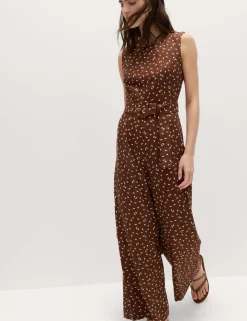 Linen Blend Printed Belted Jumpsuit