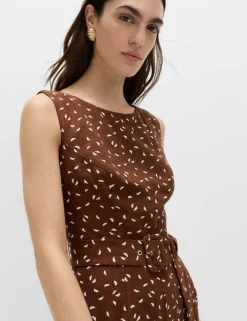Linen Blend Printed Belted Jumpsuit