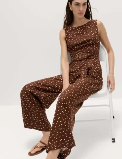 Linen Blend Printed Belted Jumpsuit