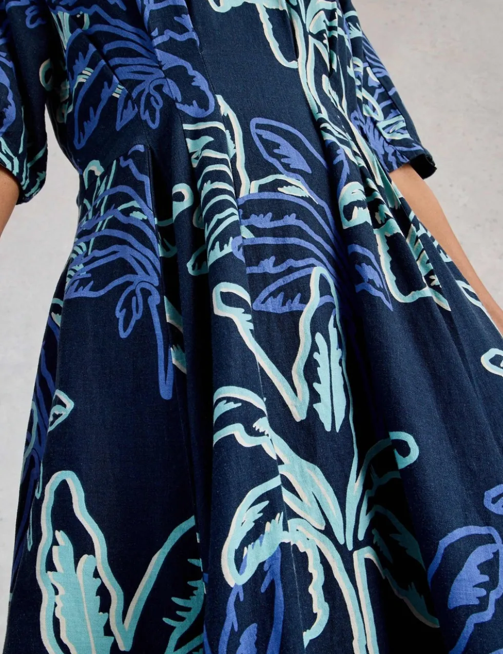 Linen Blend Printed Midi Skater Dress