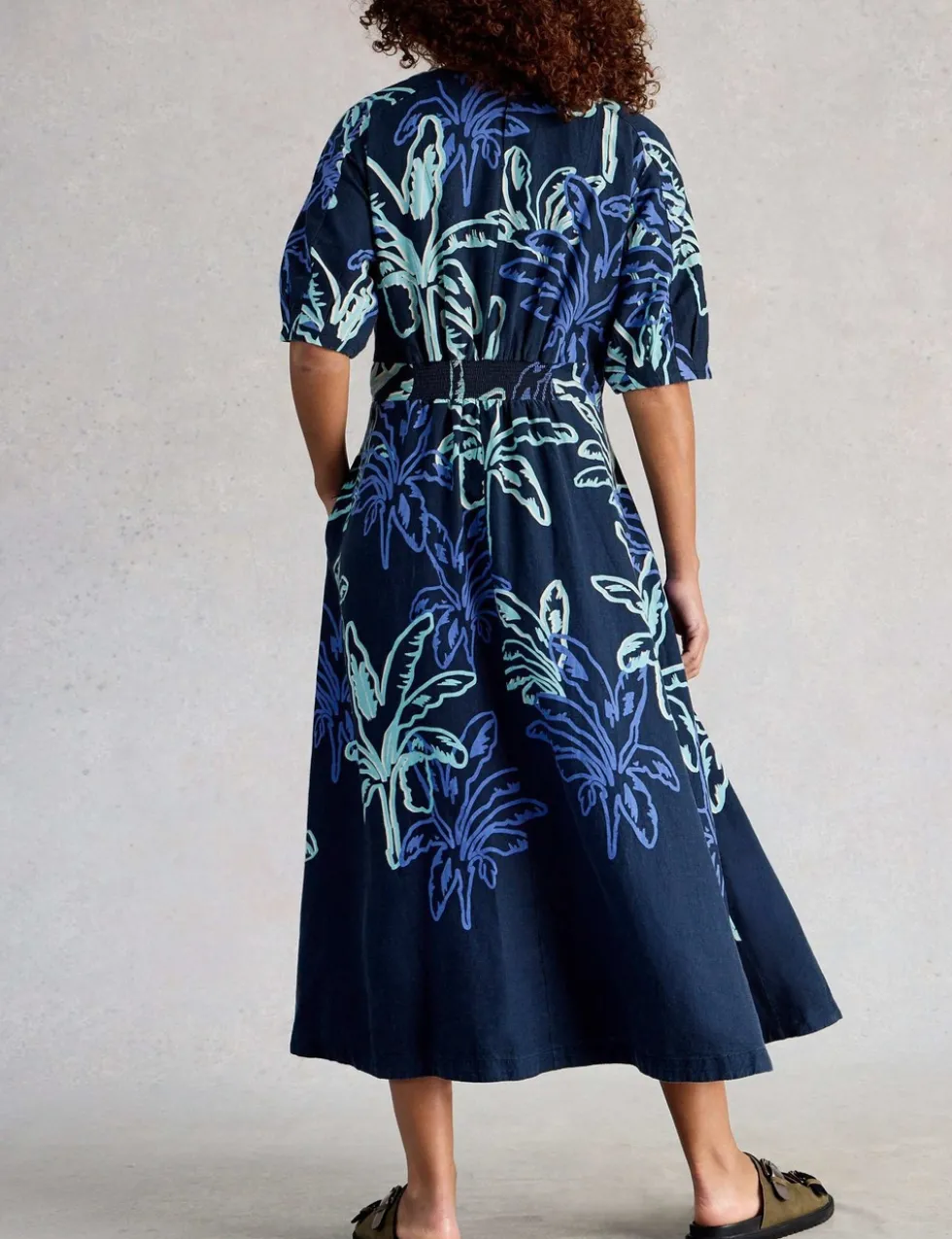 Linen Blend Printed Midi Skater Dress