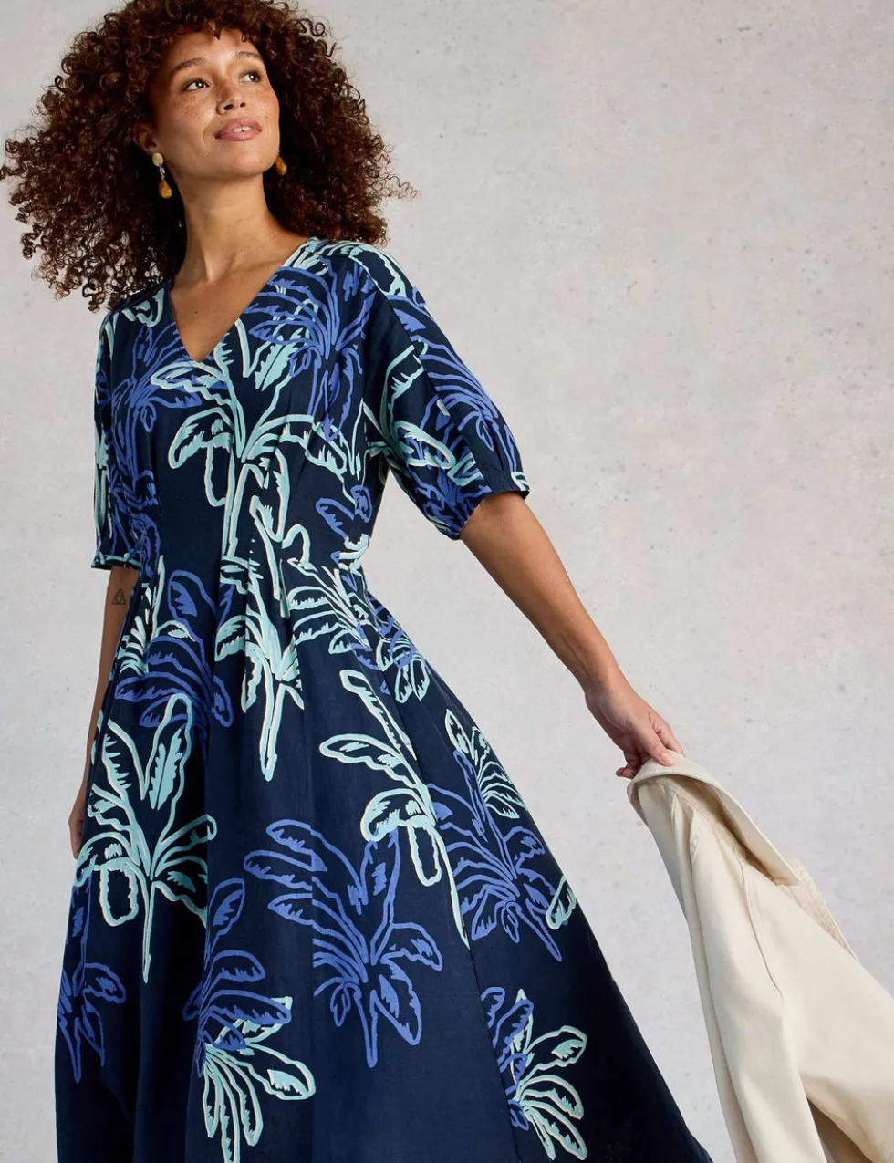 Linen Blend Printed Midi Skater Dress