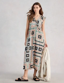 Linen Blend Printed Midi Skater Dress