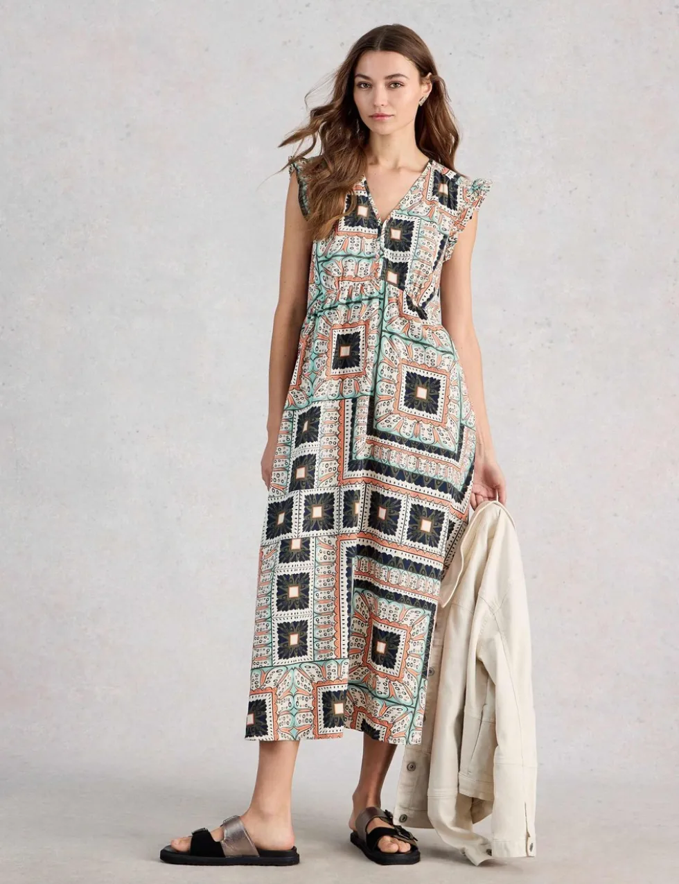 Linen Blend Printed Midi Skater Dress