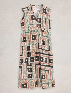 Linen Blend Printed Midi Skater Dress