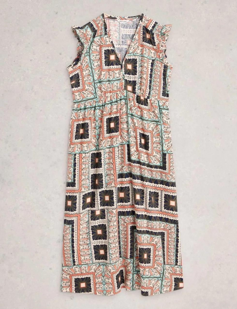 Linen Blend Printed Midi Skater Dress