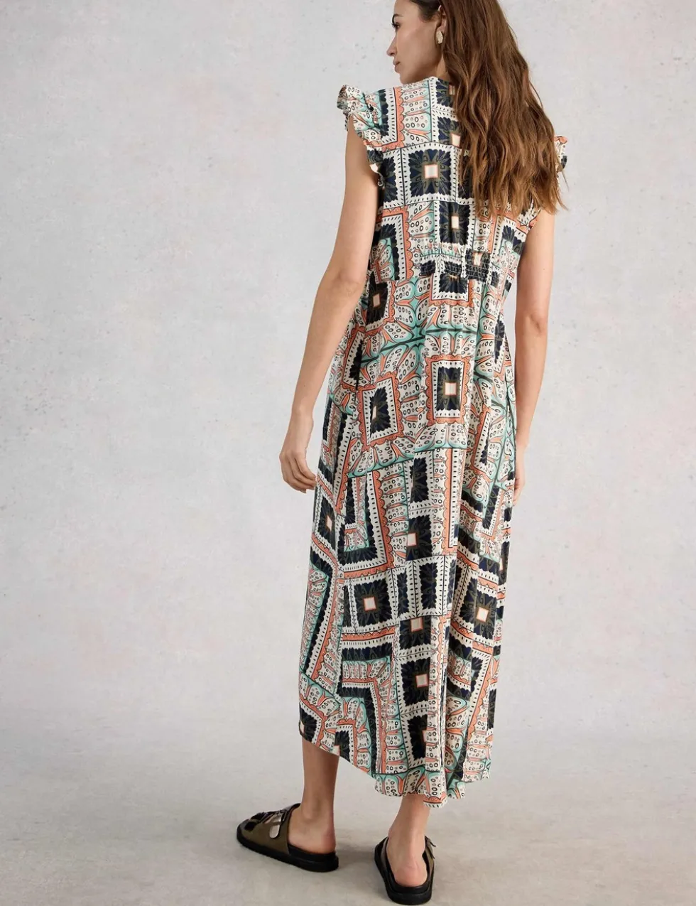 Linen Blend Printed Midi Skater Dress