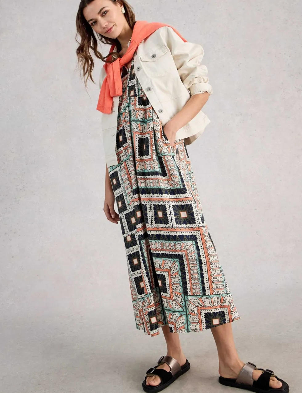 Linen Blend Printed Midi Skater Dress