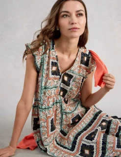 Linen Blend Printed Midi Skater Dress
