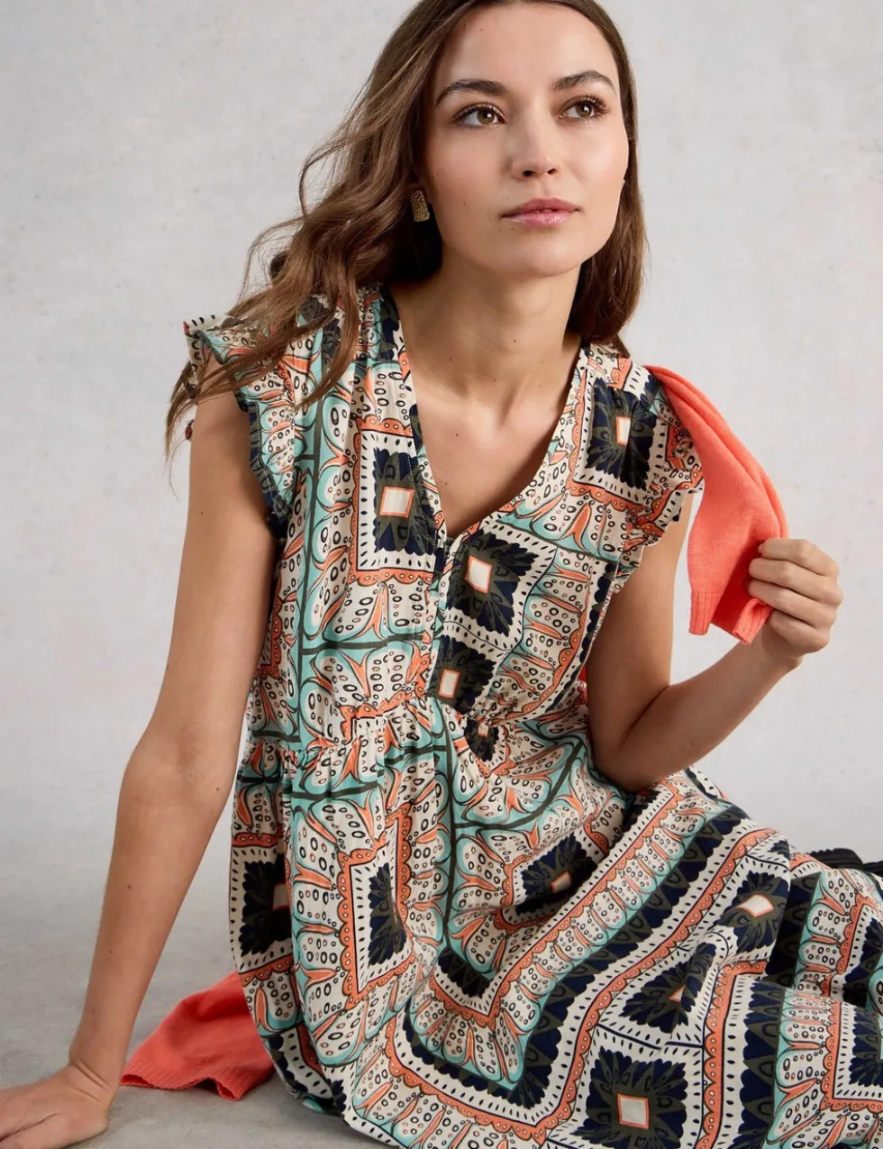Linen Blend Printed Midi Skater Dress