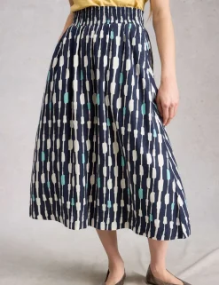 Linen Blend Printed Midi A-Line Skirt