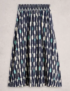 Linen Blend Printed Midi A-Line Skirt