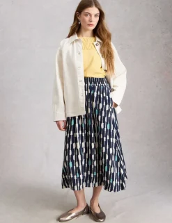 Linen Blend Printed Midi A-Line Skirt