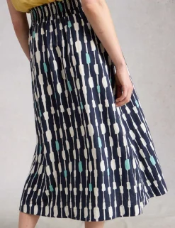 Linen Blend Printed Midi A-Line Skirt