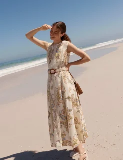Linen Blend Printed Midi Skater Dress