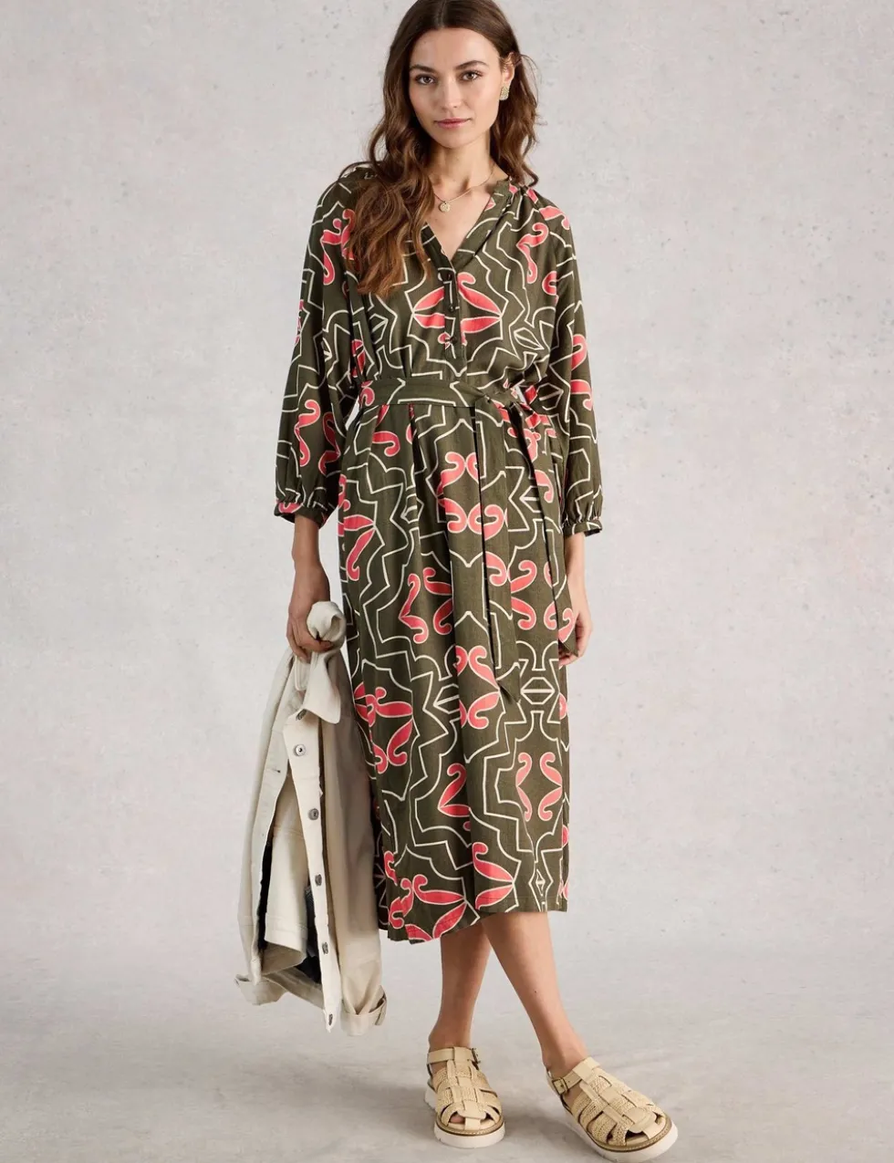 Linen Blend Printed Midi Tea Dress