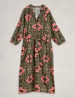 Linen Blend Printed Midi Tea Dress