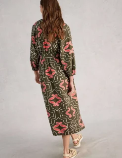 Linen Blend Printed Midi Tea Dress