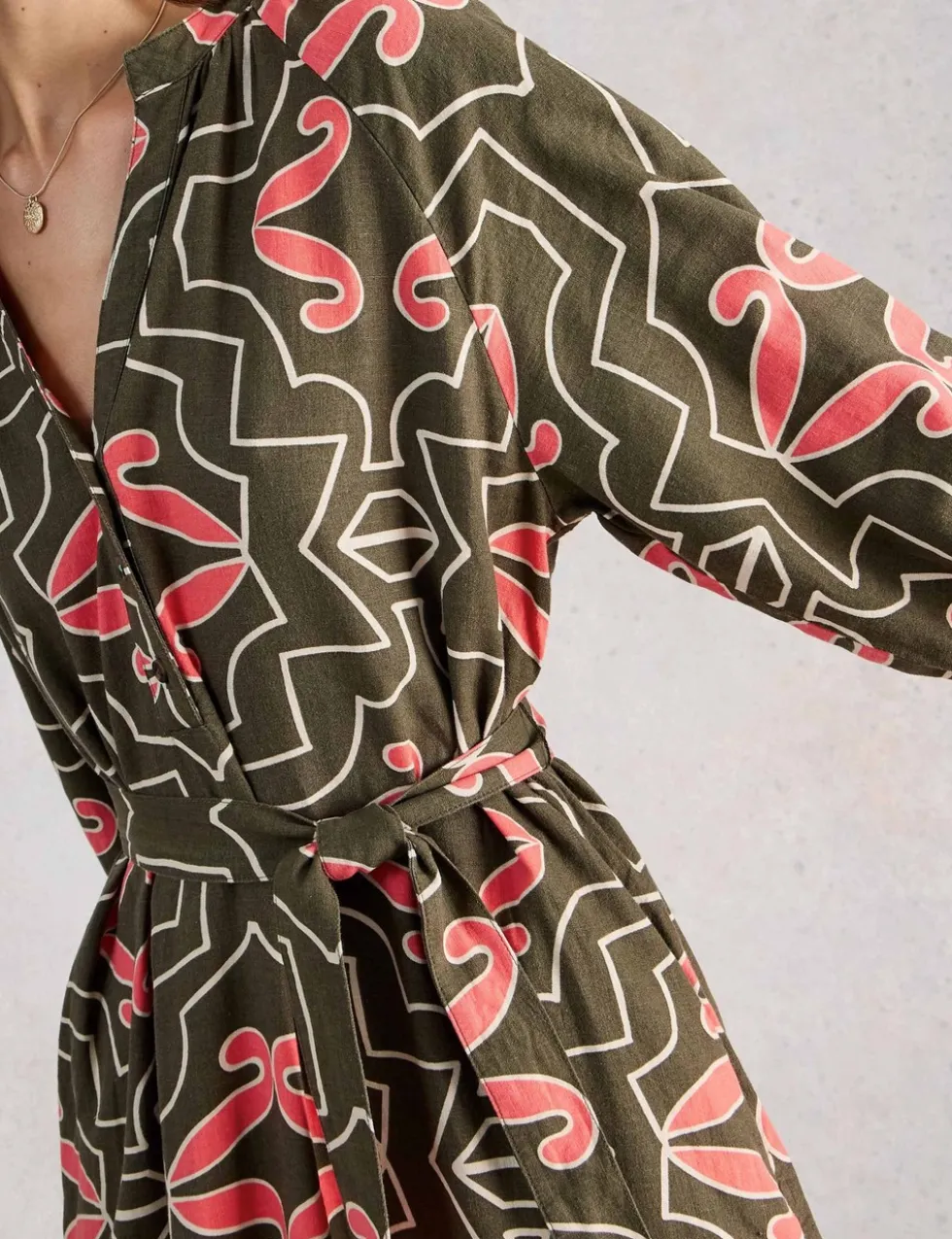 Linen Blend Printed Midi Tea Dress