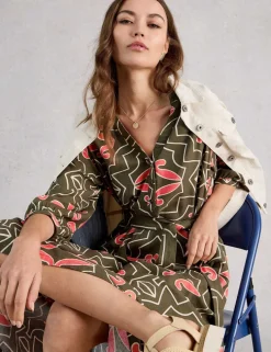 Linen Blend Printed Midi Tea Dress