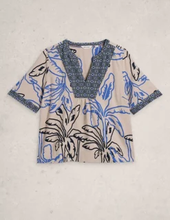 Linen Blend Printed Notch Neck Blouse