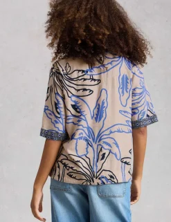 Linen Blend Printed Notch Neck Blouse