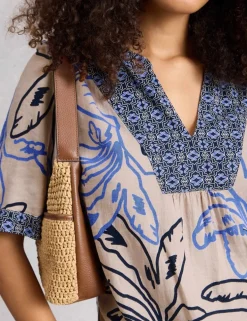 Linen Blend Printed Notch Neck Blouse