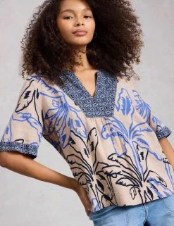 Linen Blend Printed Notch Neck Blouse