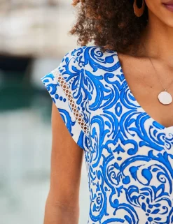 Linen Blend Printed V-Neck Shift Dress