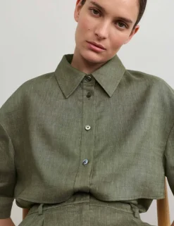 Linen Blend Relaxed Utility Shirt with Wool
