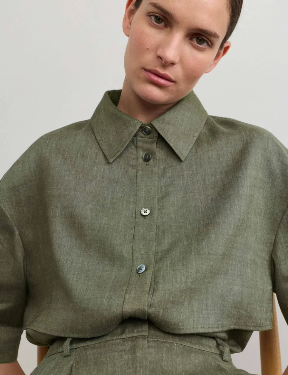 Linen Blend Relaxed Utility Shirt with Wool