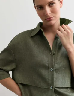Linen Blend Relaxed Utility Shirt with Wool