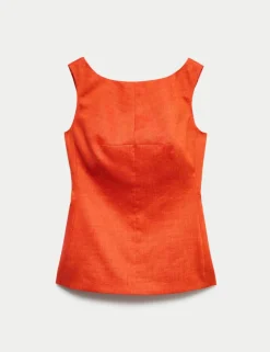 Linen Blend Scoop Back Shell Top with Wool