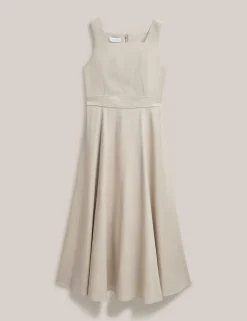 Linen Blend Square Neck Midi Skater Dress