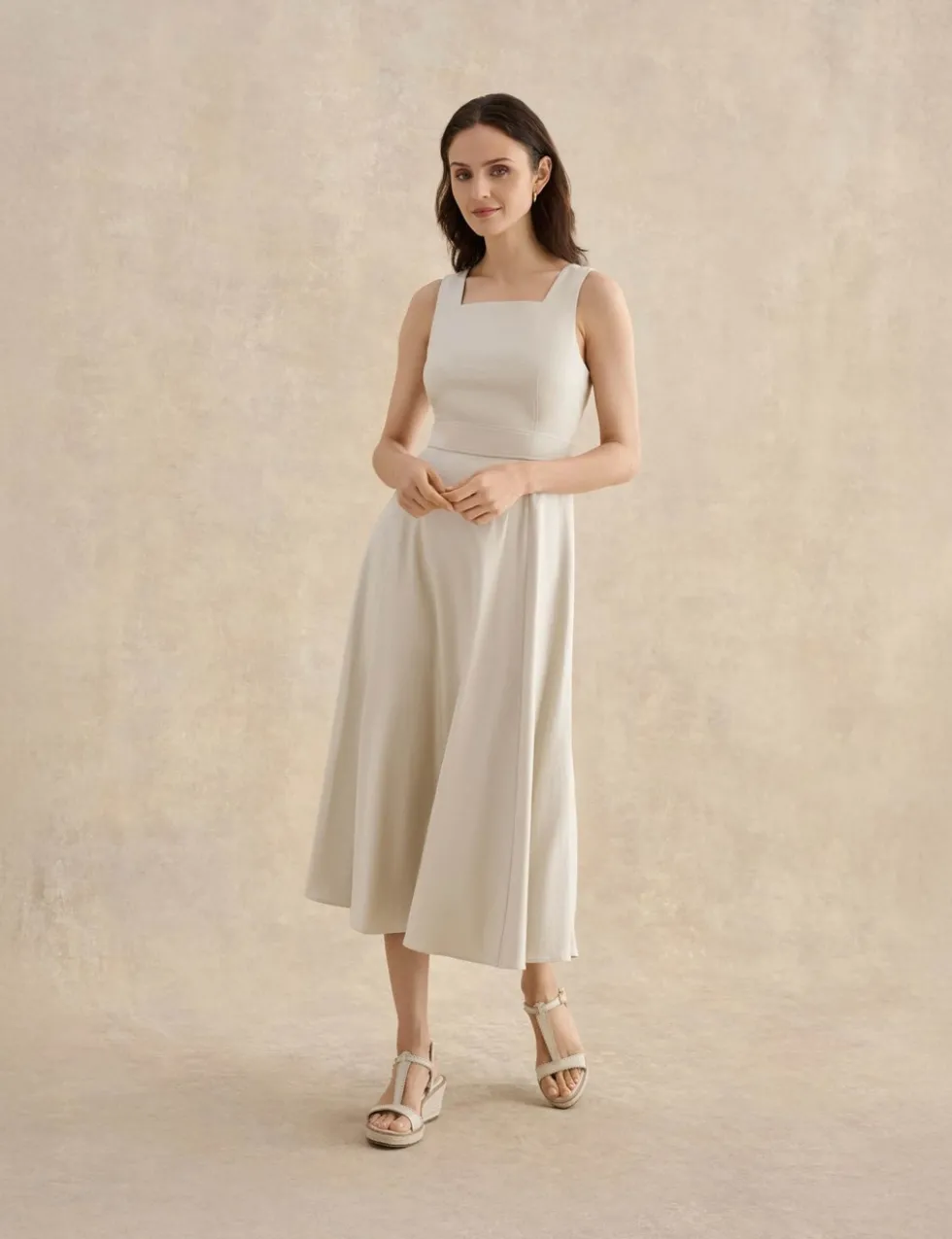 Linen Blend Square Neck Midi Skater Dress