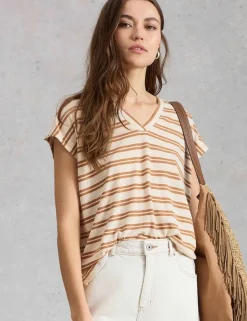 Linen Blend Striped Lace Insert T-Shirt