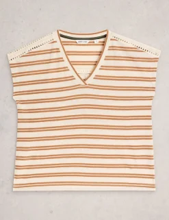 Linen Blend Striped Lace Insert T-Shirt