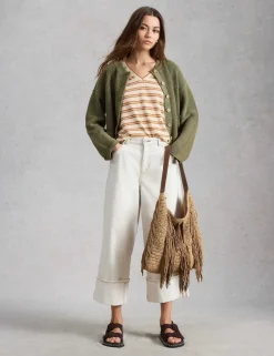 Linen Blend Striped Lace Insert T-Shirt