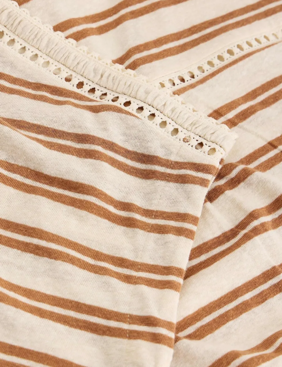 Linen Blend Striped Lace Insert T-Shirt