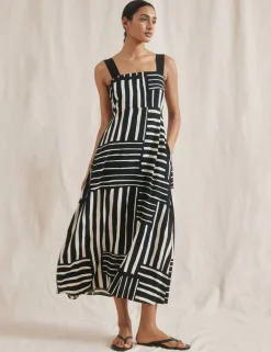 Linen Blend Striped Midaxi Waisted Dress