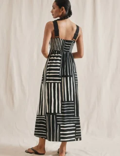 Linen Blend Striped Midaxi Waisted Dress