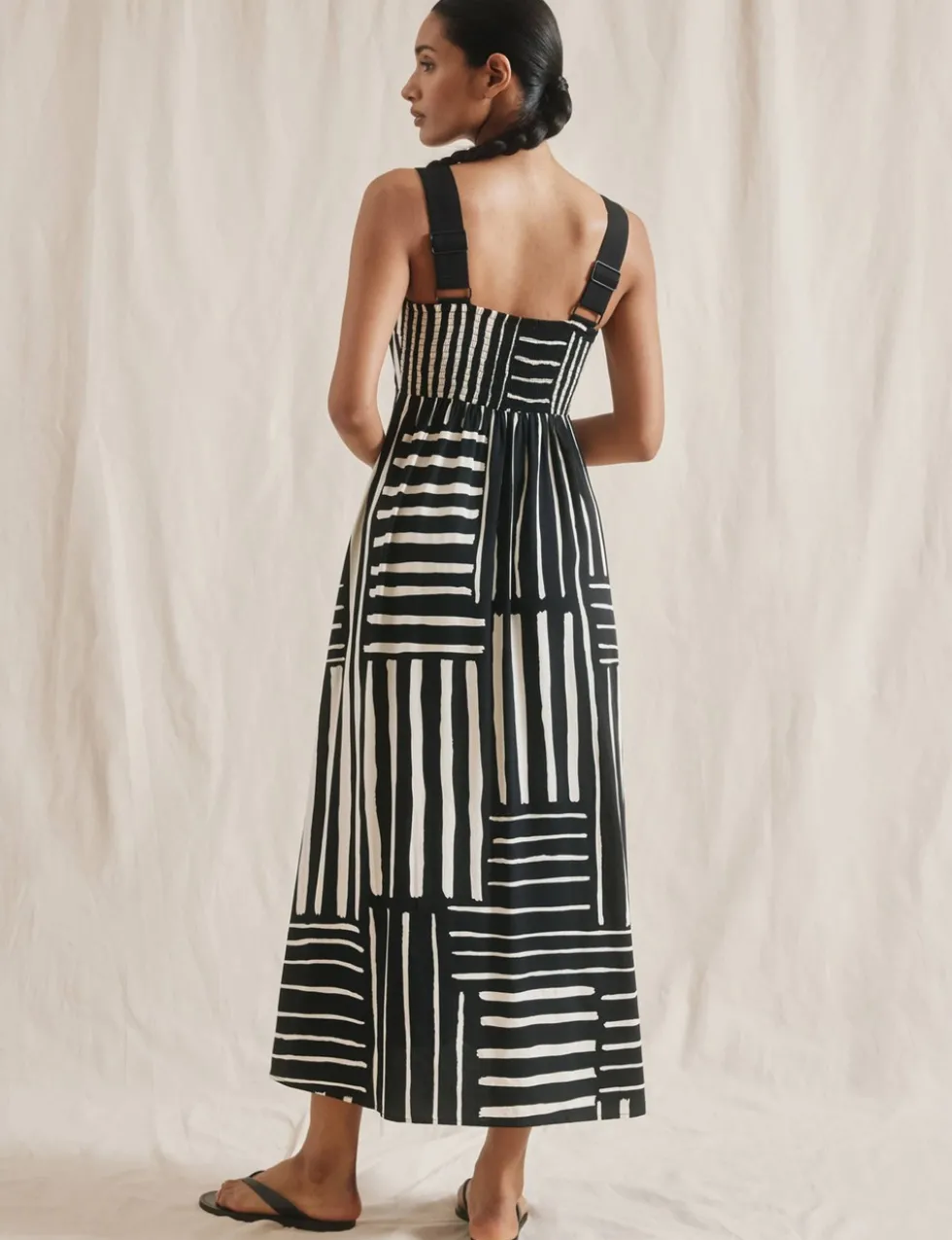 Linen Blend Striped Midaxi Waisted Dress