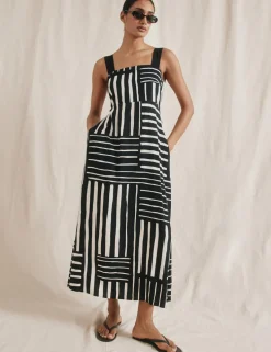 Linen Blend Striped Midaxi Waisted Dress