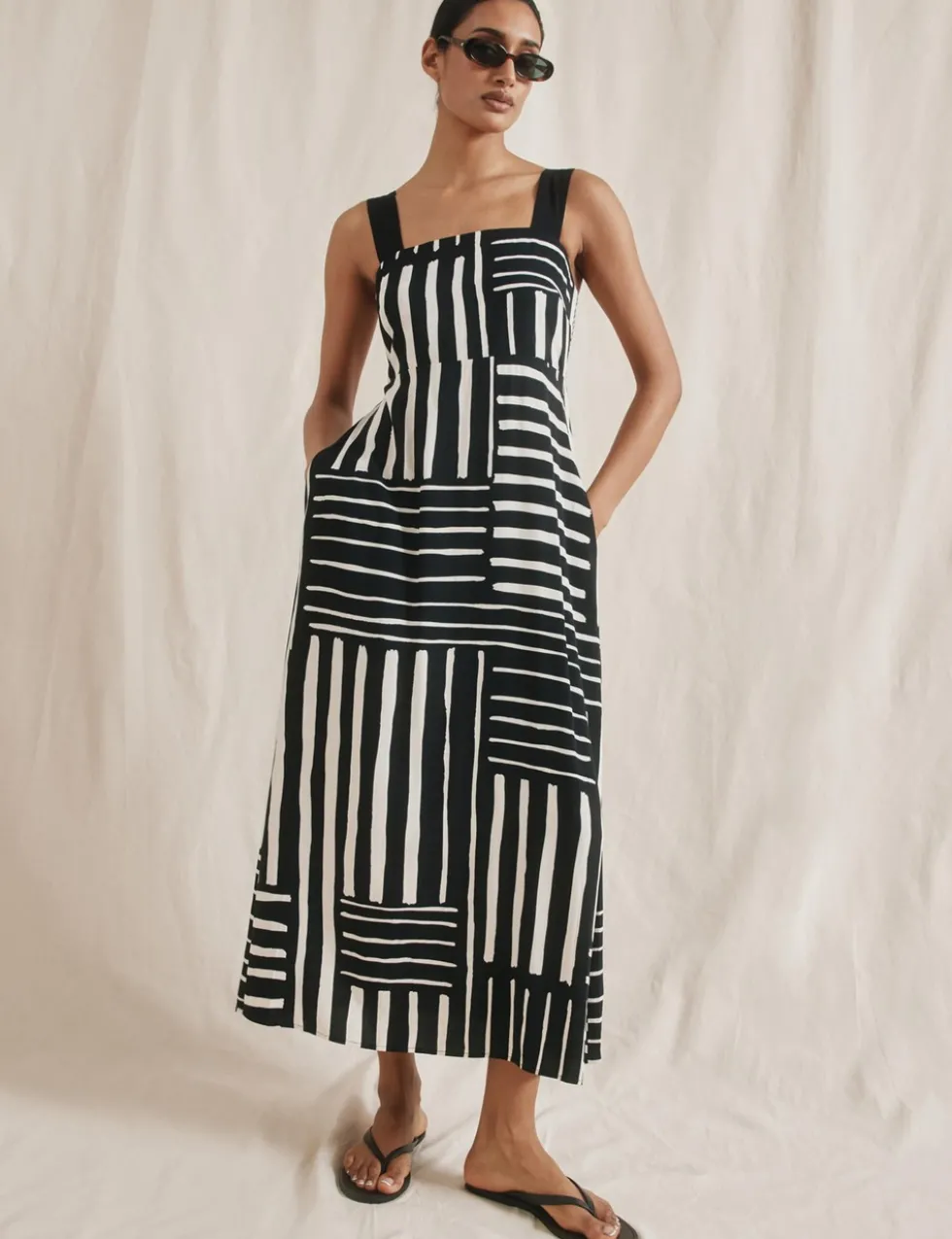 Linen Blend Striped Midaxi Waisted Dress