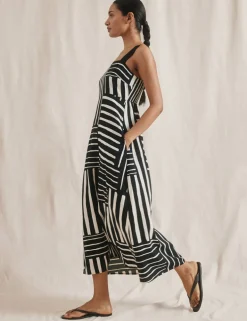Linen Blend Striped Midaxi Waisted Dress