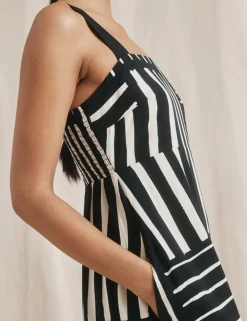 Linen Blend Striped Midaxi Waisted Dress