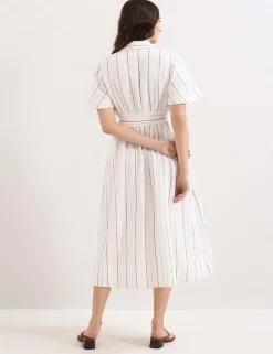 Linen Blend Striped Midi Shirt Dress
