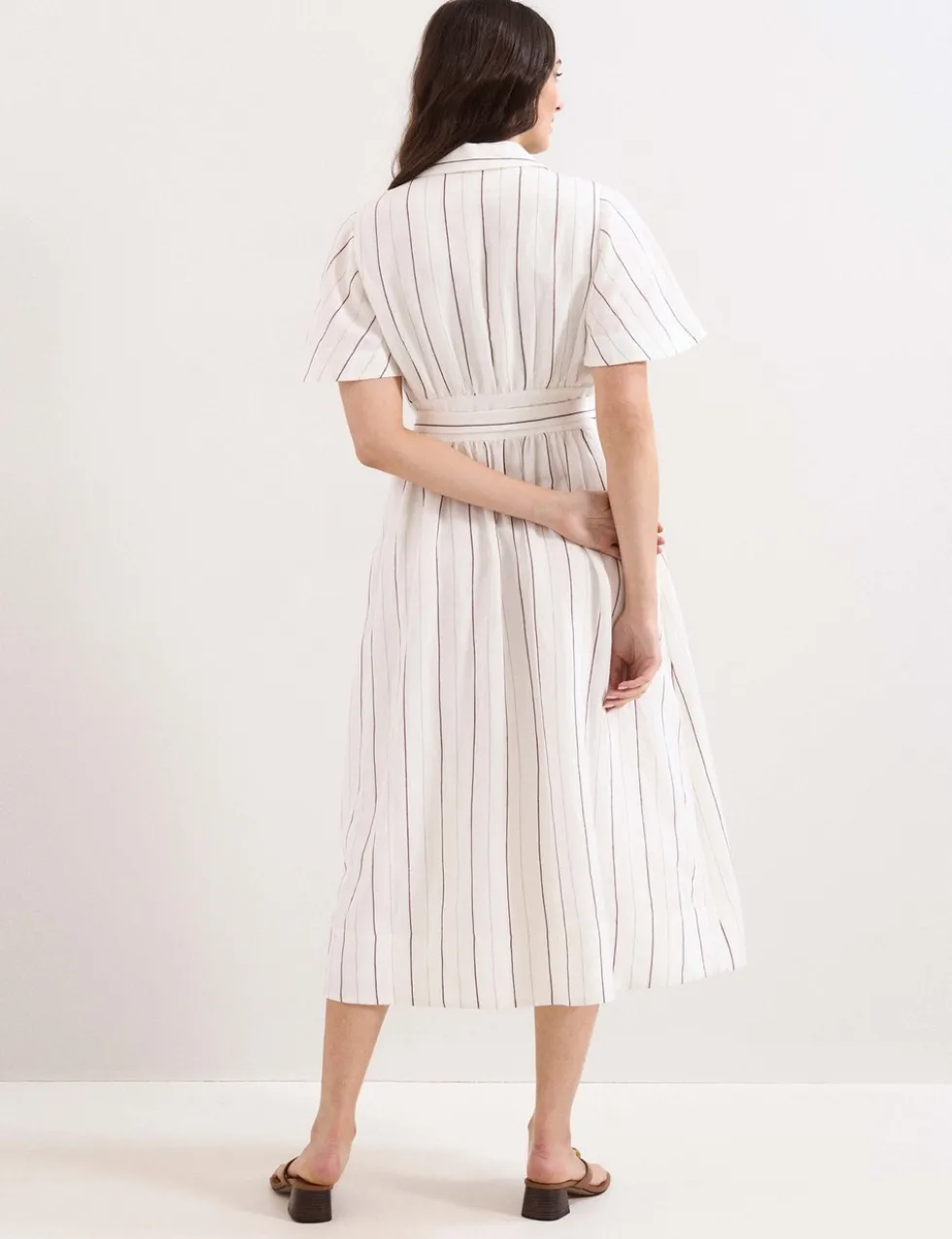 Linen Blend Striped Midi Shirt Dress