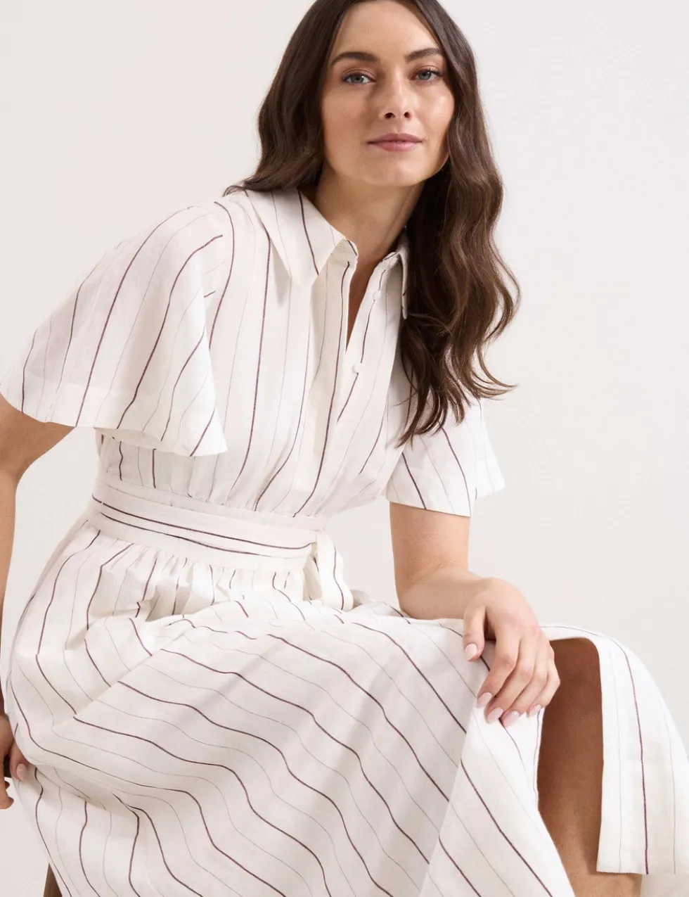 Linen Blend Striped Midi Shirt Dress