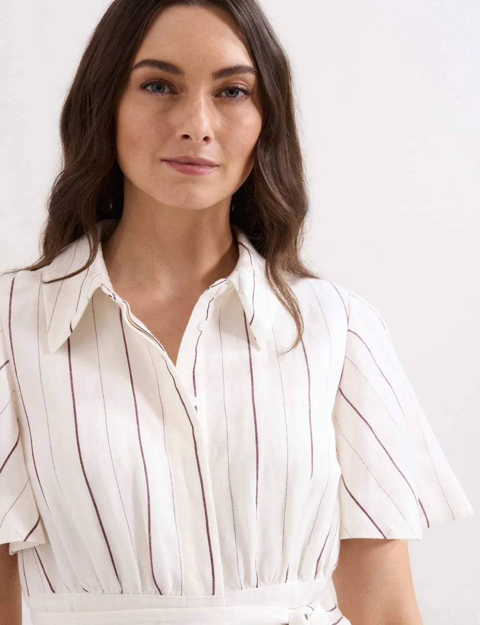 Linen Blend Striped Midi Shirt Dress